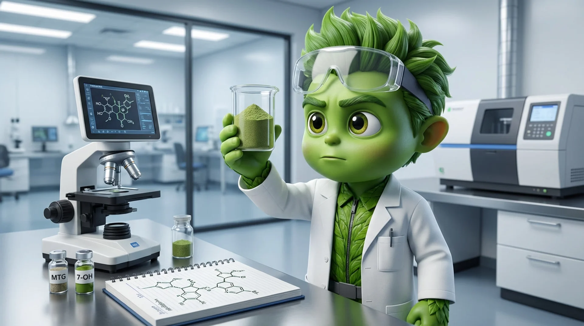 Captain Green im modernen Analyselabor untersucht das Alkaloidprofil des Grünen Pulvers Exclusive — unabhängige Laboranalyse für jede Charge mit Fokus auf Mitragynin und 7-Hydroxymitragynin