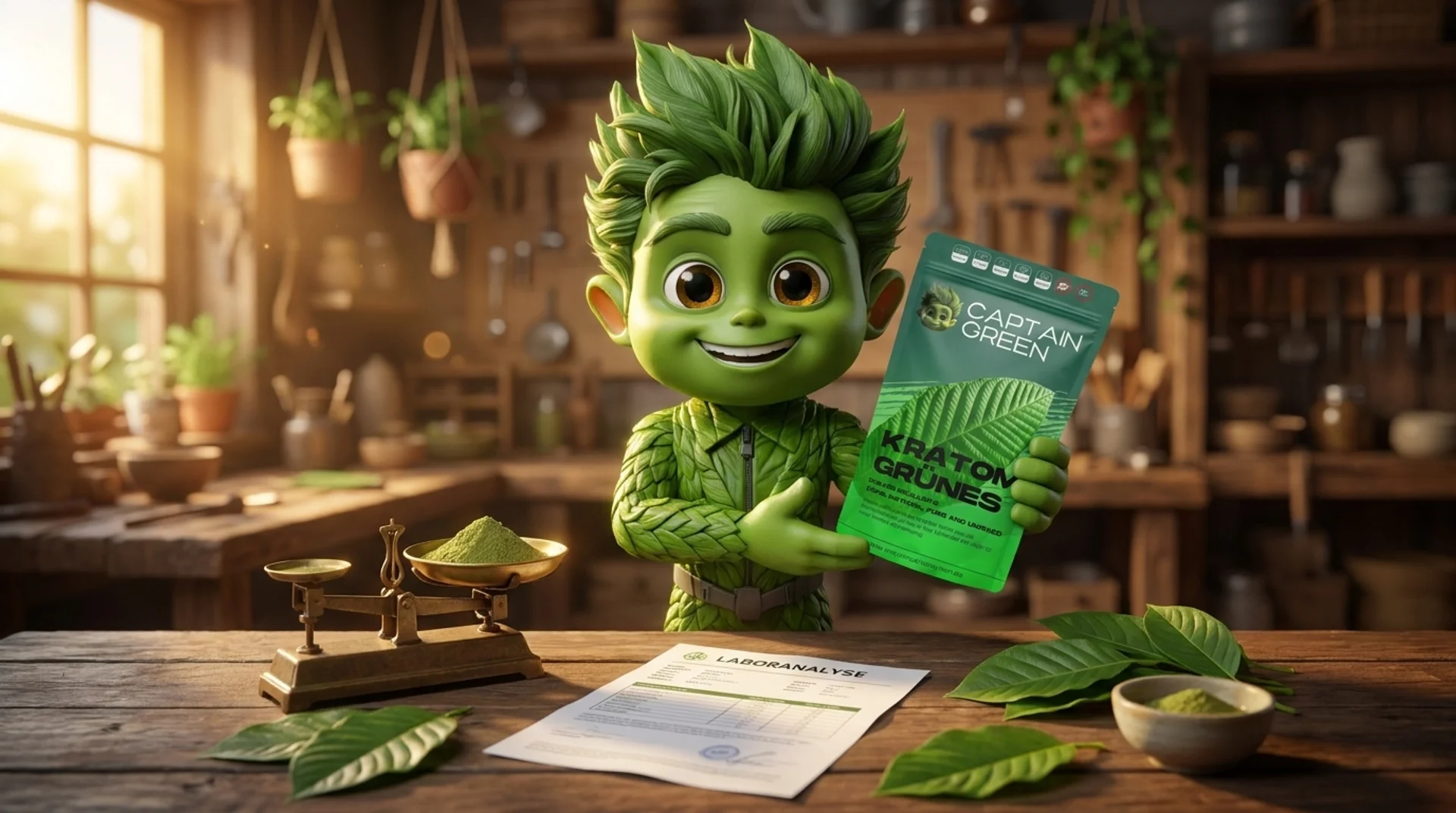 Captain Green präsentiert das Kratom Grünes Pulver Exclusive in seiner Premium-Werkstatt — transparent dokumentierte Charge mit Laboranalyse und frischen Mitragyna-speciosa-Blättern