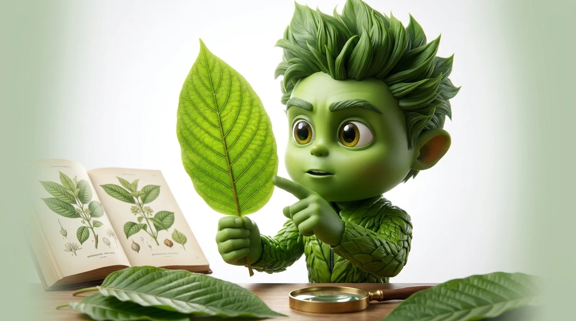 Captain Green untersucht ein frisches Mitragyna-speciosa-Blatt mit deutlich sichtbarer grüner Mittelrippe — Qualitätsmerkmal des optimalen Reifegrads für das Grüne Pulver Exclusive