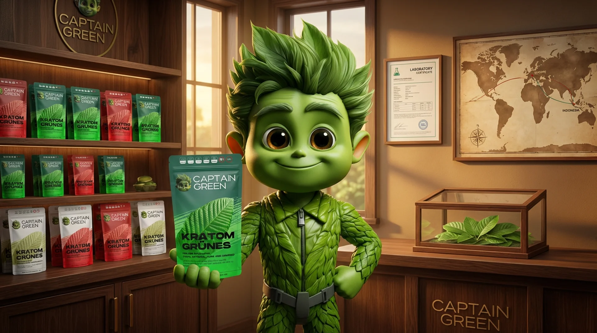 Captain Green in der Premium-Werkstatt als Markenbotschafter — das Qualitätsversprechen hinter jedem Kratom Exclusive Produkt, von Simon Křižák persönlich vertreten